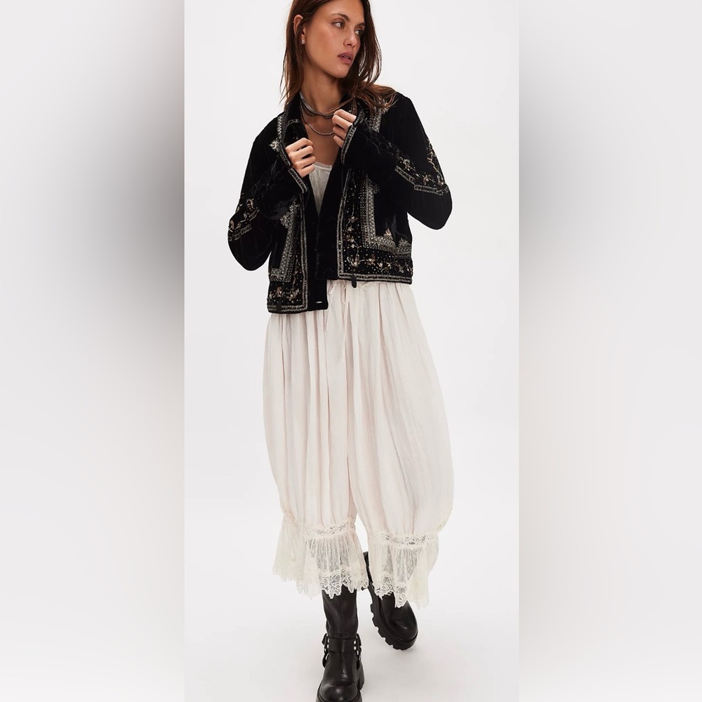 Free People Black Embroidered Cropped Jacket